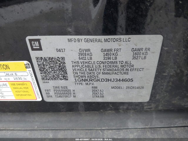 2017 Chevrolet Traverse 1lt მანქანა იყიდება აუქციონზე, vin: 1GNKRGKD3HJ344605, აუქციონის ნომერი: 45106997