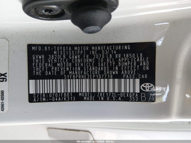 45107007 :رقم المزاد ، 5YFBPRHE2EP107718 vin ، 2014 Toyota Corolla Le Eco مزاد بيع