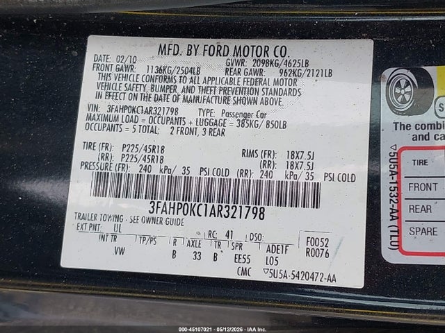 Продажа на аукционе авто 2010 Ford Fusion Sport, vin: 3FAHP0KC1AR321798, номер лота: 45107021