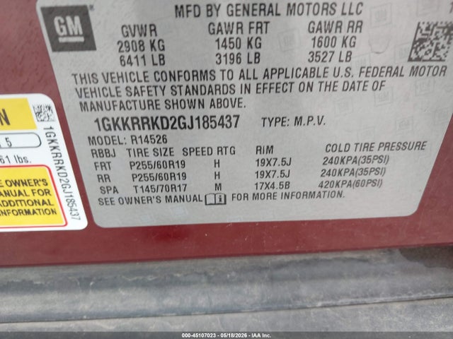 Aukcja sprzedaży 2016 Gmc Acadia Slt-1, vin: 1GKKRRKD2GJ185437, numer aukcji: 45107023