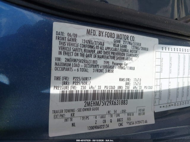 45107029 :رقم المزاد ، 2MEHM75V29X631883 vin ، 2009 Mercury Grand Marquis Ls (fleet Only) مزاد بيع