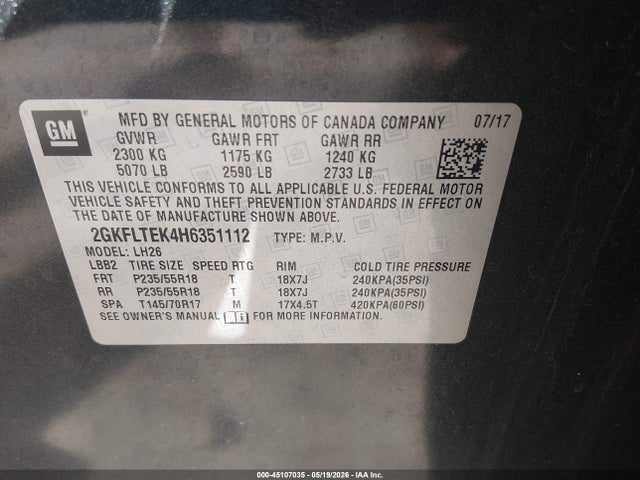 2017 Gmc Terrain Sle-2 მანქანა იყიდება აუქციონზე, vin: 2GKFLTEK4H6351112, აუქციონის ნომერი: 45107035