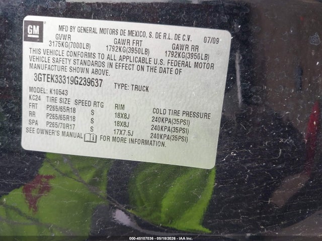 Aukcja sprzedaży 2009 Gmc Sierra 1500 Slt, vin: 3GTEK33319G239637, numer aukcji: 45107036