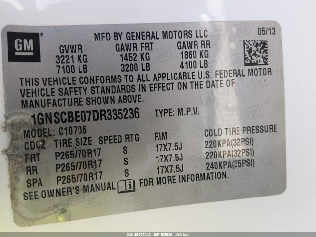 45107040 :رقم المزاد ، 1GNSCBE07DR335236 vin ، 2013 Chevrolet Tahoe Lt مزاد بيع
