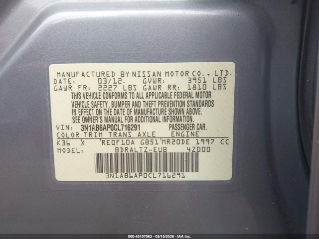 45107063 :رقم المزاد ، 3N1AB6AP0CL716291 vin ، 2012 Nissan Sentra 2.0 S مزاد بيع