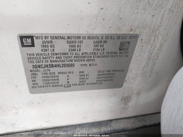 Продажа на аукционе авто 2017 Chevrolet Trax Ls, vin: 3GNCJNSB4HL283689, номер лота: 45107076