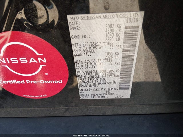 Aukcja sprzedaży 2019 Nissan Rogue S, vin: 5N1AT2MT1KC723896, numer aukcji: 45107085