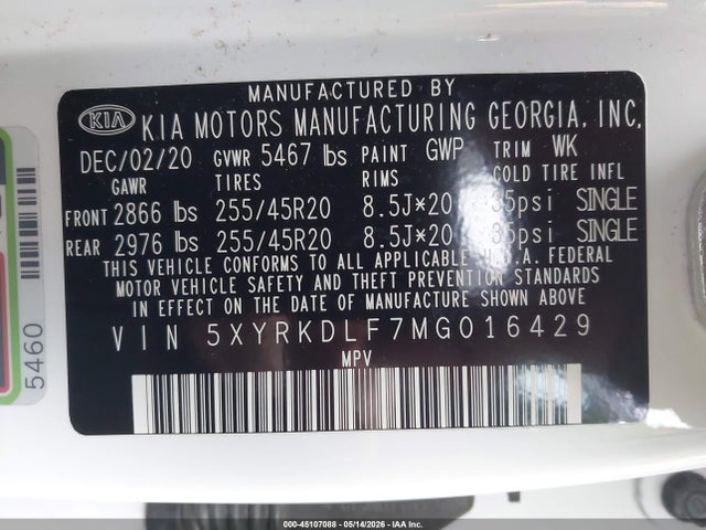 Продажа на аукционе авто 2021 Kia Sorento Sx, vin: 5XYRKDLF7MG016429, номер лота: 45107088