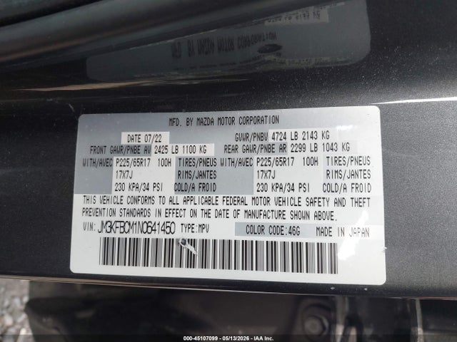 Aukcja sprzedaży 2022 Mazda Cx-5 2.5 S Preferred, vin: JM3KFBCM1N0641450, numer aukcji: 45107099