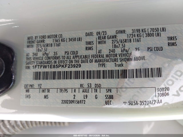 45107102 :رقم المزاد ، 1FTFW1E85PKF23929 vin ، 2023 Ford F-150 Xlt مزاد بيع