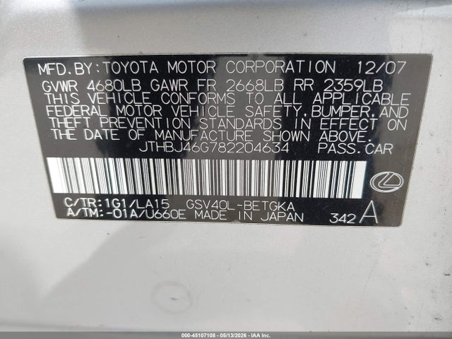 2008 Lexus Es 350 მანქანა იყიდება აუქციონზე, vin: JTHBJ46G782204634, აუქციონის ნომერი: 45107108