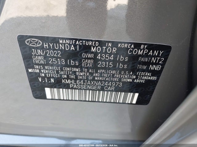 45107109 :رقم المزاد ، KMHL64JAXNA244973 vin ، 2022 Hyundai Sonata Sel مزاد بيع