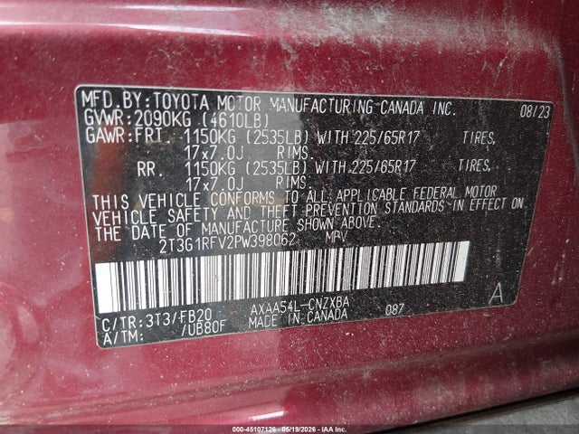 2T3G1RFV2PW398062 Toyota RAV4 LE
