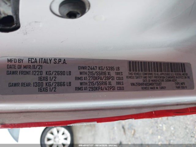 45107127 :رقم المزاد ، ZFBHRFAB5M6V75597 vin ، 2021 Ram Promaster City Tradesman مزاد بيع