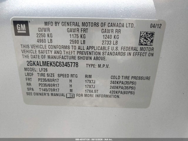 Aukcja sprzedaży 2012 Gmc Terrain Sle-1, vin: 2GKALMEK5C6345778, numer aukcji: 45107130