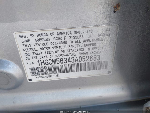 2003 Honda Accord 2.4 Lx მანქანა იყიდება აუქციონზე, vin: 1HGCM56343A052683, აუქციონის ნომერი: 45107132