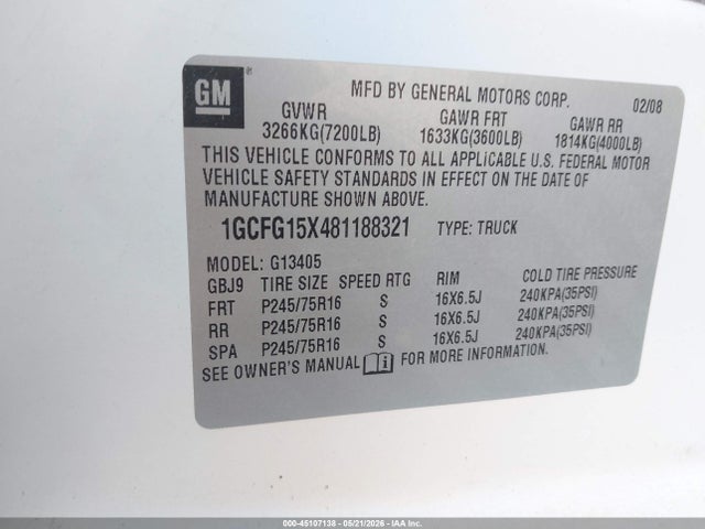 Aukcja sprzedaży 2008 Chevrolet Express Work Van, vin: 1GCFG15X481188321, numer aukcji: 45107138