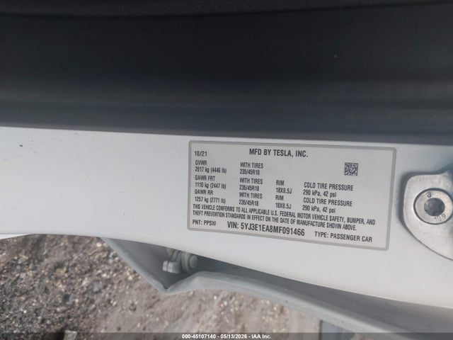 Tesla Model 3 Standard Range Plus Rear-wheel Drive 2021 5YJ3E1EA8MF091466 Image 9