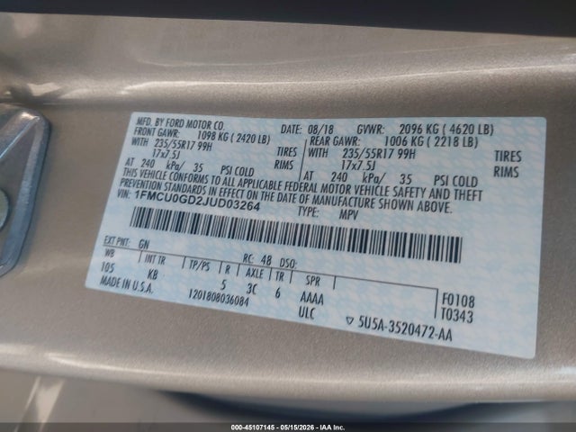 Продаж на аукціоні авто 2018 Ford Escape Se, vin: 1FMCU0GD2JUD03264, номер лоту: 45107145