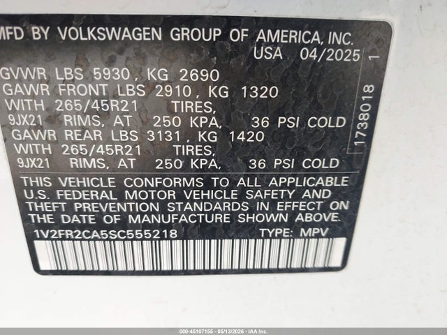 45107155 :رقم المزاد ، 1V2FR2CA5SC555218 vin ، 2025 Volkswagen Atlas 2.0t Sel Premium R-line مزاد بيع