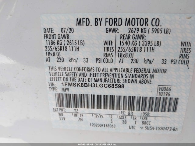 Продажа на аукционе авто 2020 Ford Explorer, vin: 1FMSK8BH3LGC68598, номер лота: 45107169