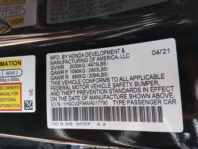 Aukcja sprzedaży 2021 Honda Accord Touring, vin: 1HGCV2F94MA017790, numer aukcji: 45107178