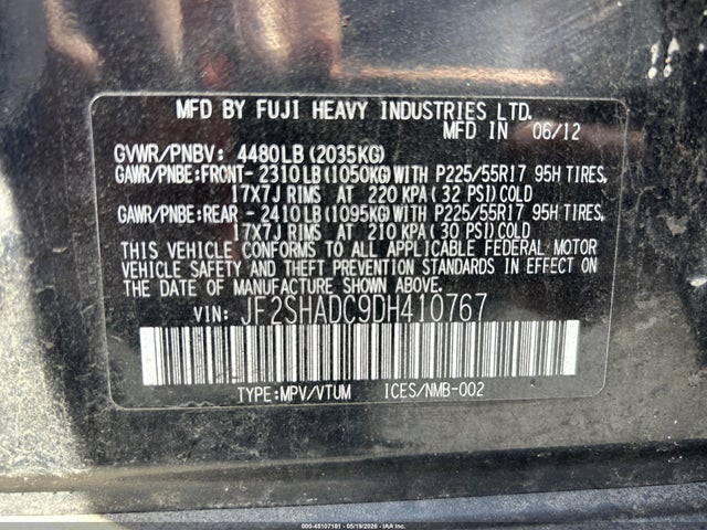 2013 Subaru Forester 2.5x Premium მანქანა იყიდება აუქციონზე, vin: JF2SHADC9DH410767, აუქციონის ნომერი: 45107181