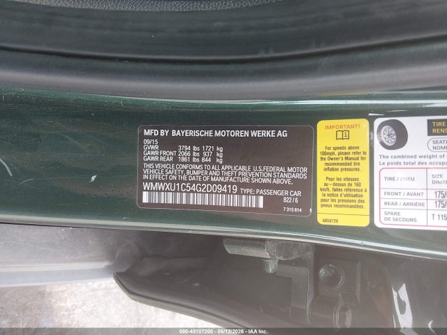Продаж на аукціоні авто 2016 Mini Hardtop Cooper, vin: WMWXU1C54G2D09419, номер лоту: 45107200