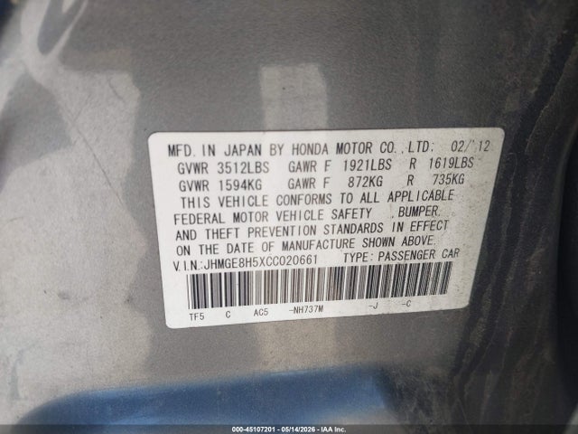 Продаж на аукціоні авто 2012 Honda Fit Sport, vin: JHMGE8H5XCC020661, номер лоту: 45107201