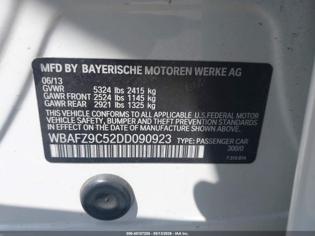 45107205 :رقم المزاد ، WBAFZ9C52DD090923 vin ، 2013 Bmw Activehybrid 5 مزاد بيع