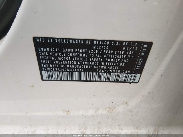 Продаж на аукціоні авто 2013 Volkswagen Jetta 2.5l Se, vin: 3VWDP7AJ6DM434372, номер лоту: 45107207