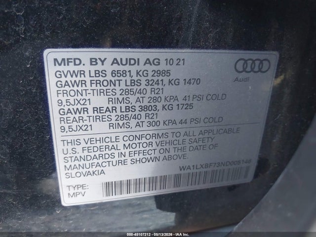 Продаж на аукціоні авто 2022 Audi Q7 Premium Plus 55 Tfsi Quattro Tiptronic, vin: WA1LXBF73ND005146, номер лоту: 45107212