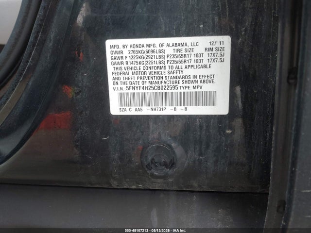 2012 Honda Pilot Lx მანქანა იყიდება აუქციონზე, vin: 5FNYF4H25CB022595, აუქციონის ნომერი: 45107213