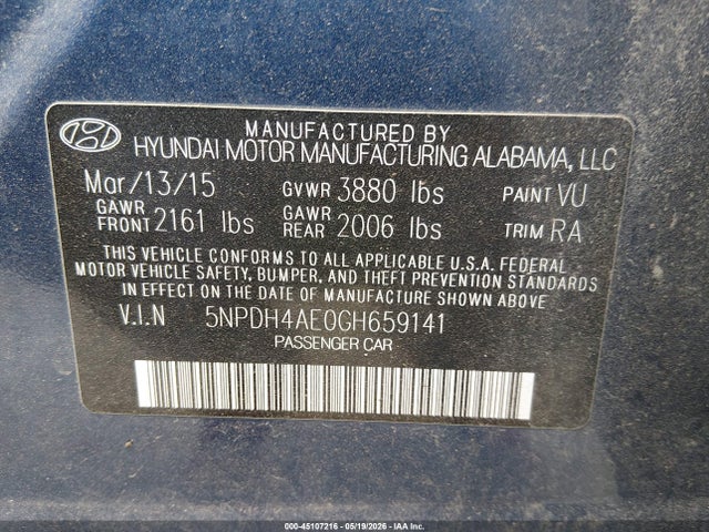 2016 Hyundai Elantra Se მანქანა იყიდება აუქციონზე, vin: 5NPDH4AE0GH659141, აუქციონის ნომერი: 45107216