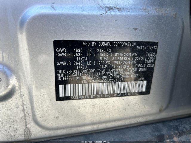 Продажа на аукционе авто 2018 Subaru Outback 2.5i Premium, vin: 4S4BSACC4J3274697, номер лота: 45107225