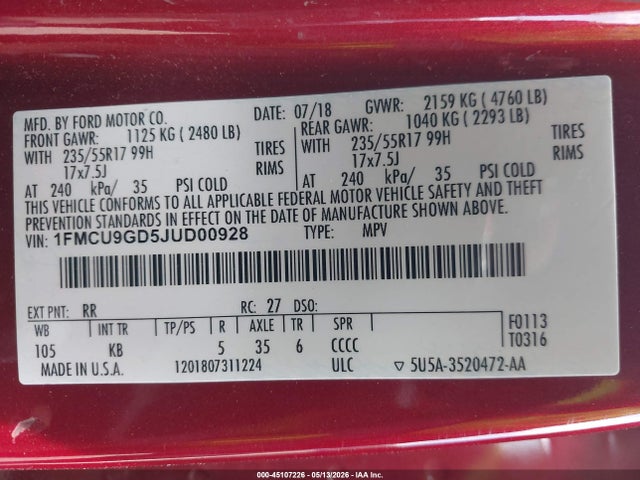 Продажа на аукционе авто 2018 Ford Escape Se, vin: 1FMCU9GD5JUD00928, номер лота: 45107226