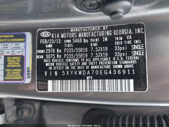 45107230 :رقم المزاد ، 5XYKWDA70EG436911 vin ، 2014 Kia Sorento Limited V6 مزاد بيع