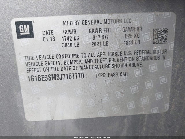 Продаж на аукціоні авто 2018 Chevrolet Cruze Lt Auto, vin: 1G1BE5SM3J7167770, номер лоту: 45107236