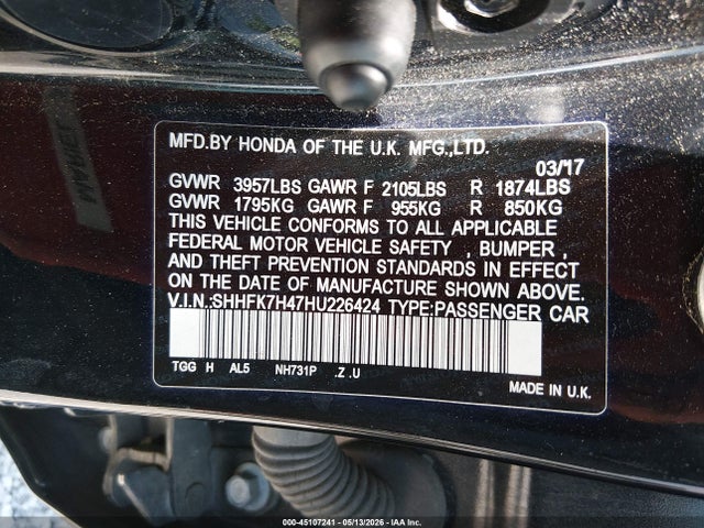 45107241 :رقم المزاد ، SHHFK7H47HU226424 vin ، 2017 Honda Civic Sport مزاد بيع