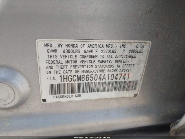 2004 Honda Accord 3.0 Ex მანქანა იყიდება აუქციონზე, vin: 1HGCM66504A104741, აუქციონის ნომერი: 45107242