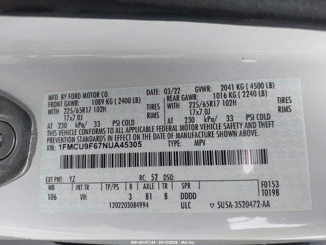 2022 Ford Escape S მანქანა იყიდება აუქციონზე, vin: 1FMCU9F67NUA45305, აუქციონის ნომერი: 45107244
