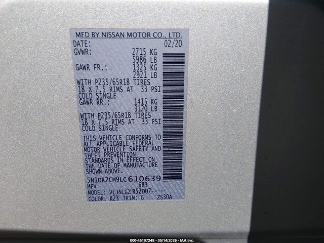 Aukcja sprzedaży 2020 Nissan Pathfinder Sl 4wd, vin: 5N1DR2CM9LC610639, numer aukcji: 45107248
