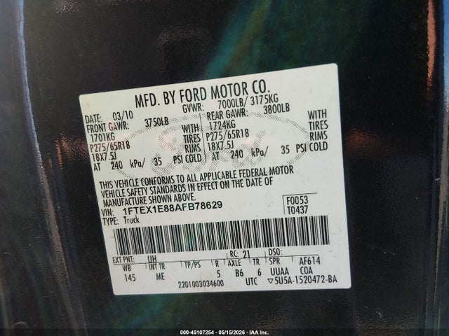 45107254 :رقم المزاد ، 1FTEX1E88AFB78629 vin ، 2010 Ford F-150 Stx/xl/xlt مزاد بيع