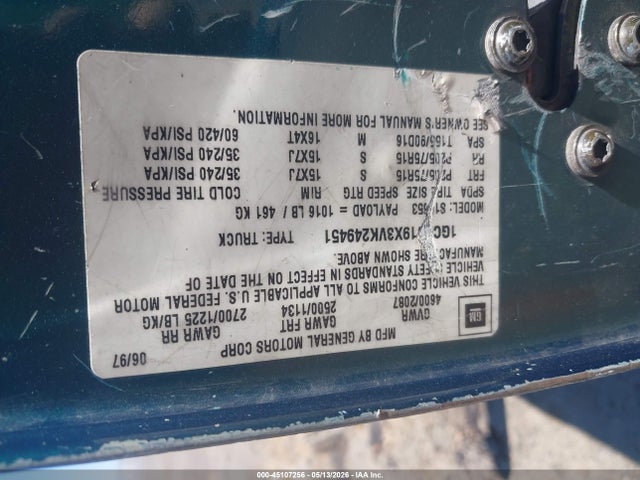 Aukcja sprzedaży 1997 Chevrolet S-10 Ls Fleetside, vin: 1GCCS19X3VK249451, numer aukcji: 45107256