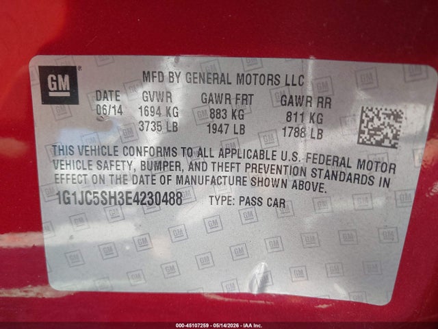 Продажа на аукционе авто 2014 Chevrolet Sonic Lt Auto, vin: 1G1JC5SH3E4230488, номер лота: 45107259