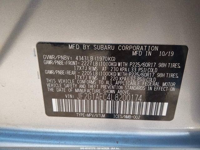 Продажа на аукционе авто 2020 Subaru Crosstrek Premium, vin: JF2GTAEC4L8200174, номер лота: 45107275
