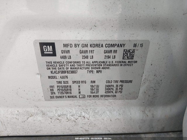 Продажа на аукционе авто 2015 Buick Encore Convenience, vin: KL4CJFSB9FB238657, номер лота: 45107279