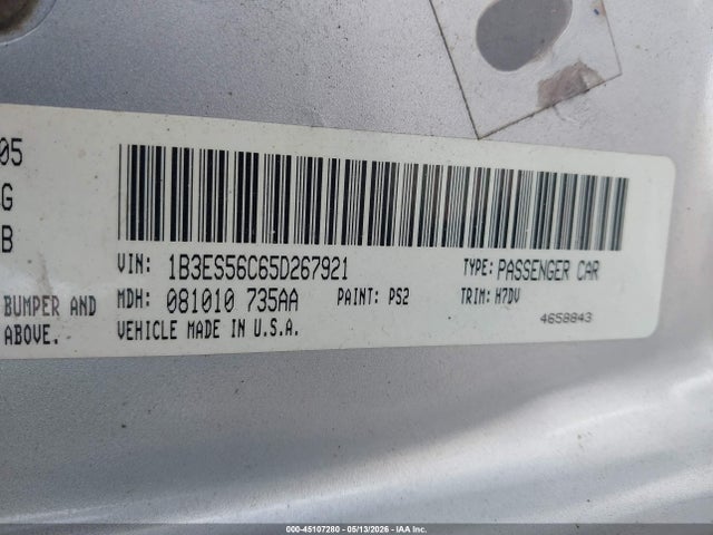 45107280 :رقم المزاد ، 1B3ES56C65D267921 vin ، 2005 Dodge Neon Sxt مزاد بيع