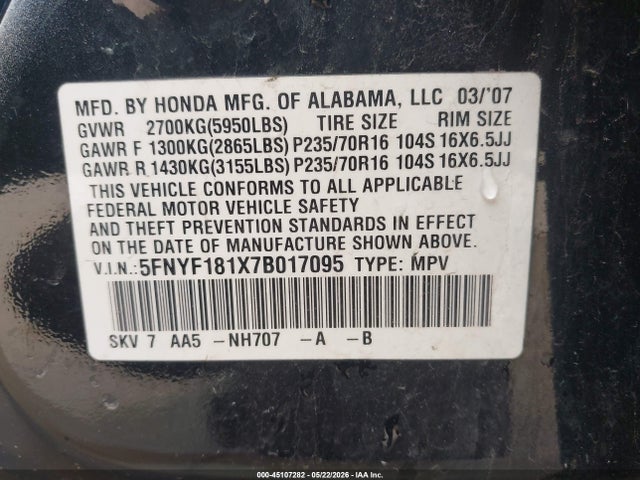 45107282 :رقم المزاد ، 5FNYF181X7B017095 vin ، 2007 Honda Pilot Lx مزاد بيع