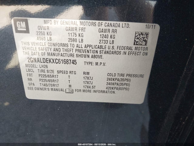 Продаж на аукціоні авто 2012 Chevrolet Equinox 1lt, vin: 2GNALDEKXC6168745, номер лоту: 45107284